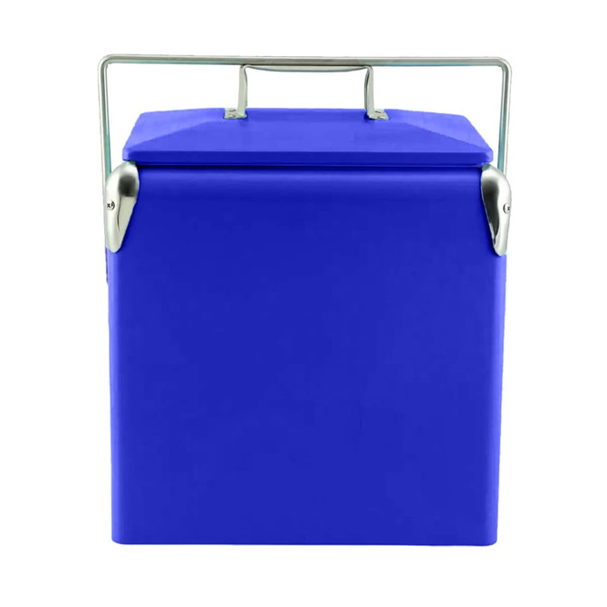A blue retro metal ice cooler box with a silver handle and lid. It has a simple, square design.