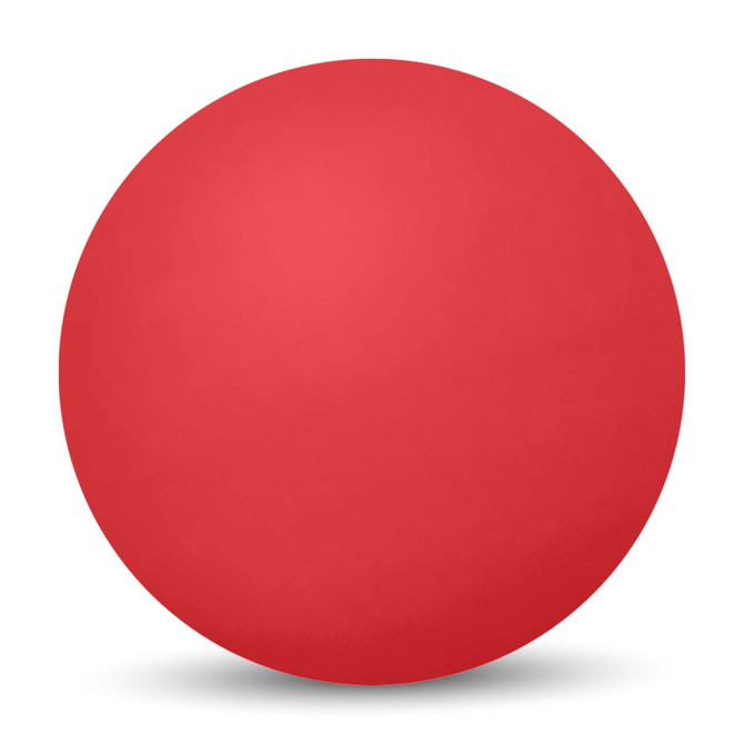 A bright red high bounce ball with a smooth surface and a rounded shape, featuring a logo.