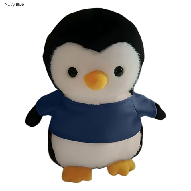A navy blue penguin plush toy with a yellow beak and large black eyes, wearing a blue shirt.