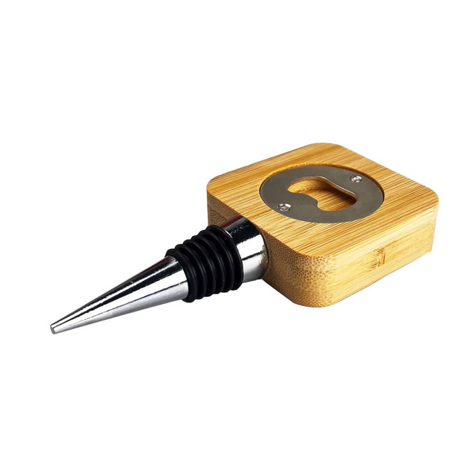 A drink bottle opener with a bamboo base, metal spout, and a built-in bottle opener feature.