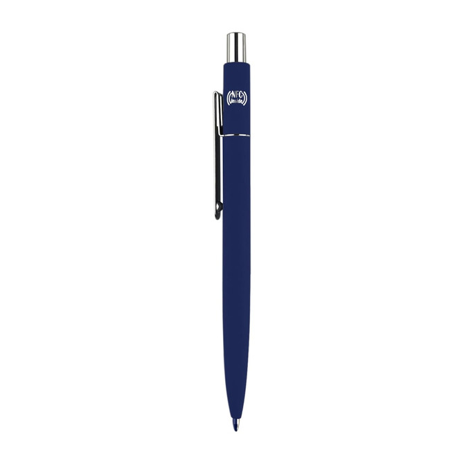 A navy blue metal pen featuring a silver clip and accents, with a branding logo.