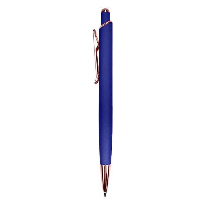 A metal pen in vibrant blue with a rose gold clip and tip, featuring a sleek design and a logo.