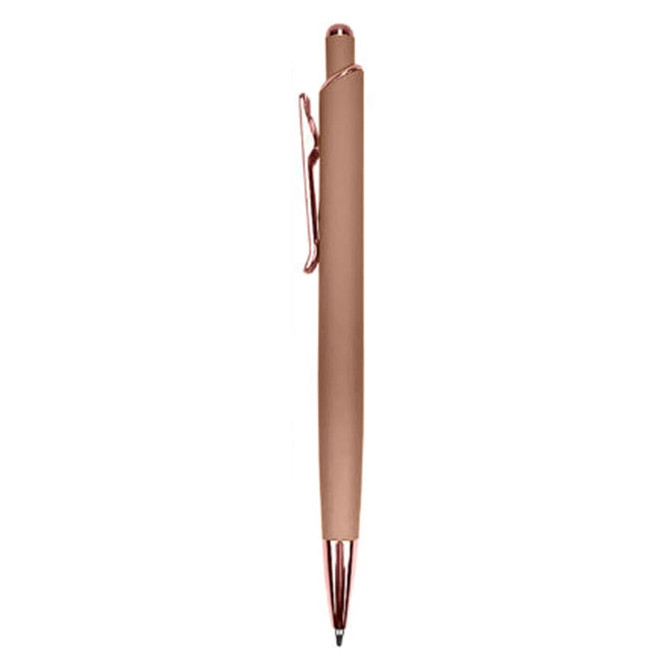 A metallic pen in a rose gold finish with a clip, featuring a sleek and modern design.