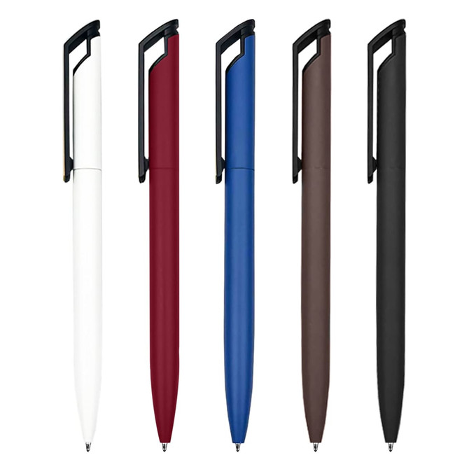 A collection of Canberra Metal Pens in white, red, blue, brown, and black, featuring a logo on each.