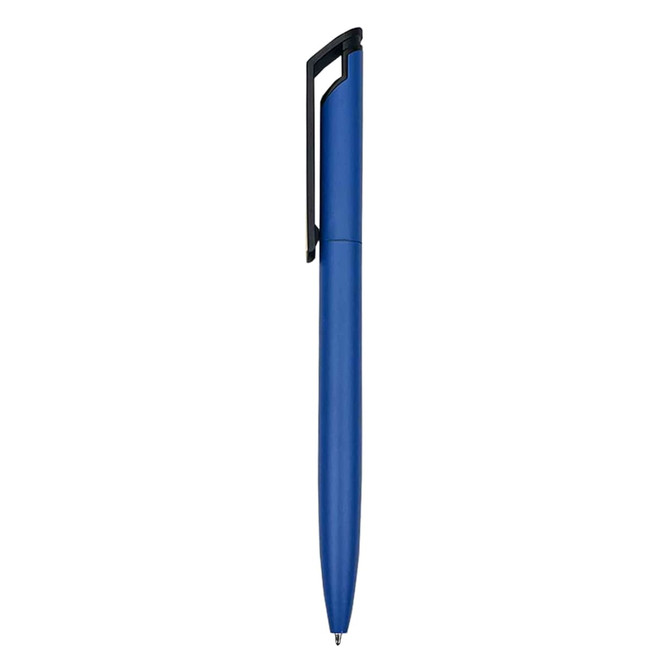 A blue metal pen with a black clip, featuring a simple design and a logo.