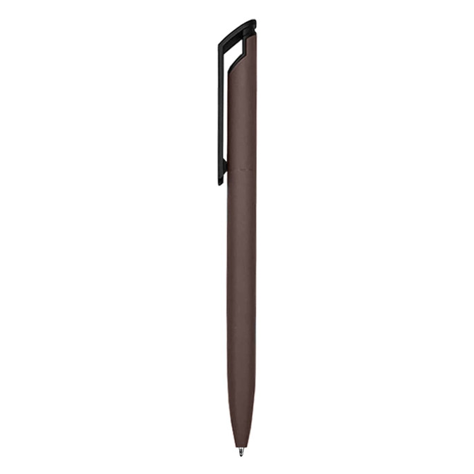 A metal pen in a sleek brown design with a black clip, featuring a logo on the barrel.