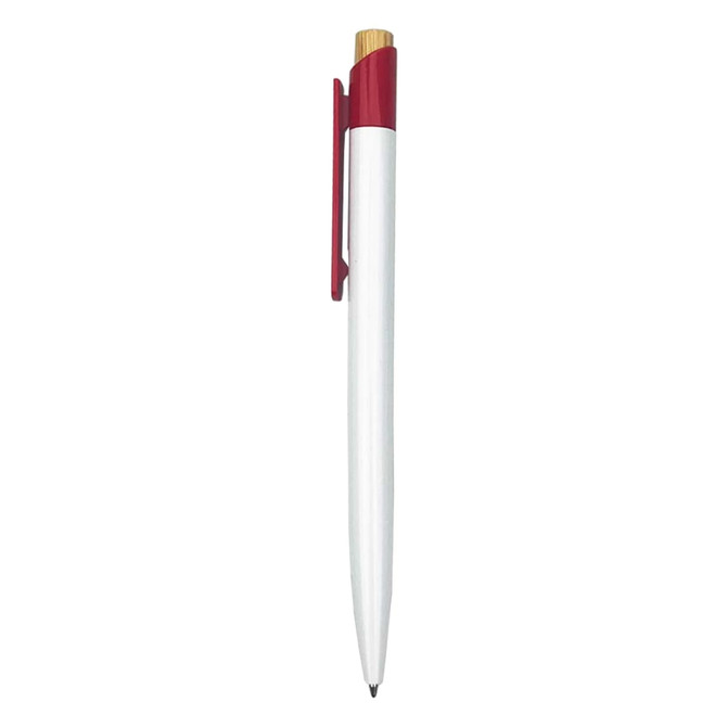 A plastic pen with a white barrel and red accents, featuring a clip and a wooden top. It has a logo on the side.