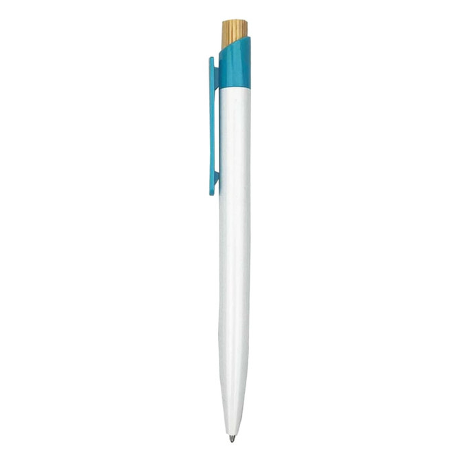 A plastic pen with a white body and a turquoise clip, featuring a gold-coloured tip and a logo.