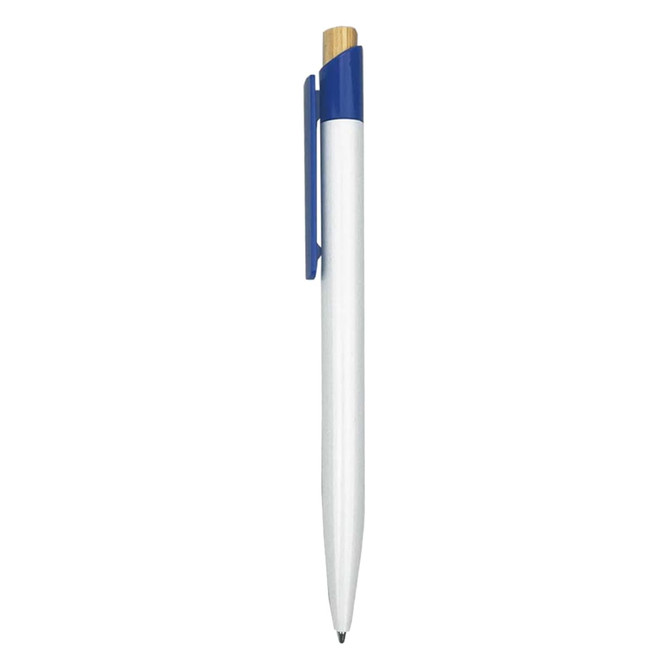 A white plastic pen with a blue clip and top, featuring a simple design and a branding logo.