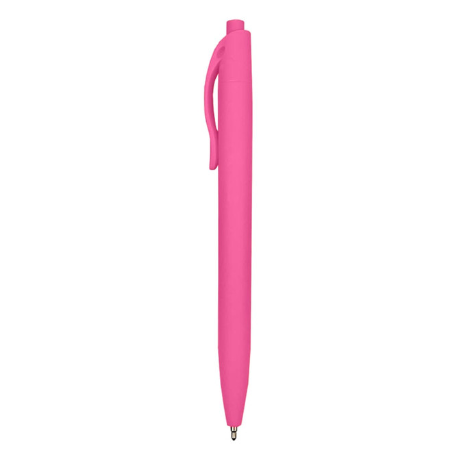 A pink plastic pen with a clip and a smooth writing tip, featuring a branding logo.