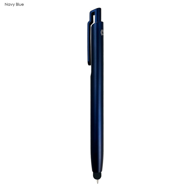 A navy blue stylus pen with a sleek design and a clip for attachment, featuring a branding logo.