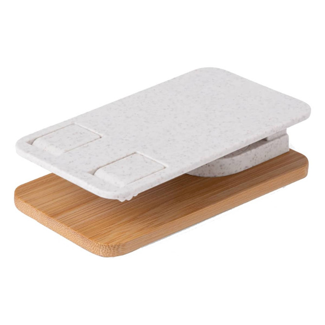 A bamboo mobile stand featuring a grey top and a natural bamboo base, with a minimalist design.