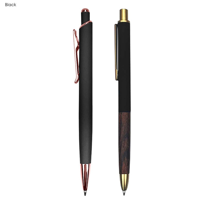 A black metal pen set featuring a sleek design with gold and rose gold accents, presented in a gift set.