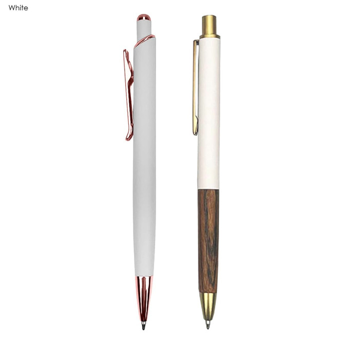A metal pen gift set featuring a white pen with rose gold accents and a white and wood-toned pen.