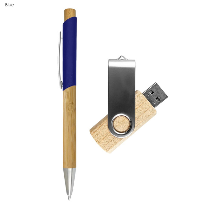 A blue and wooden pen alongside a wooden USB flash drive with a silver clip.