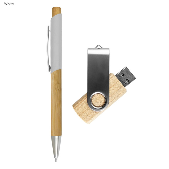 A bamboo pen and a wooden USB drive with a metallic clip, both presented in a sleek design.