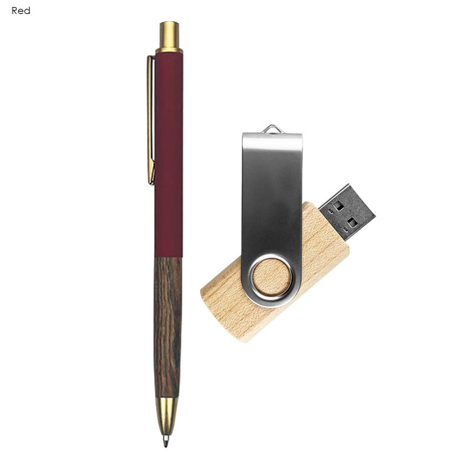 A burgundy pen and a wooden USB drive with a silver clip are featured in the Woodee Gift Set.