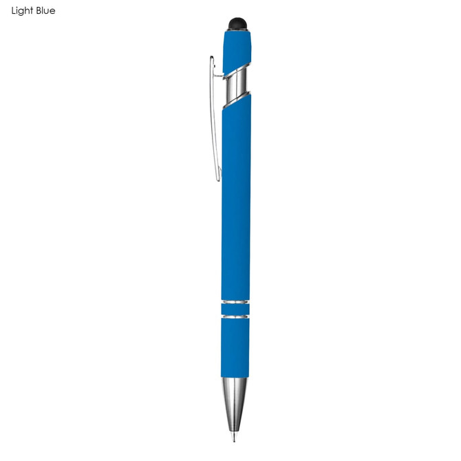 A light blue pen with a silver clip and accents. It features a stylus tip on one end and a logo.