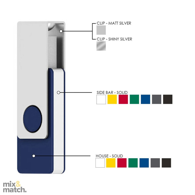 A clip with a matte silver clip, navy blue base, and options for various coloured solid sides. Features a logo.
