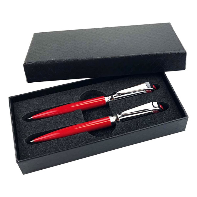 A set of two red pens with silver accents in a black gift box.
