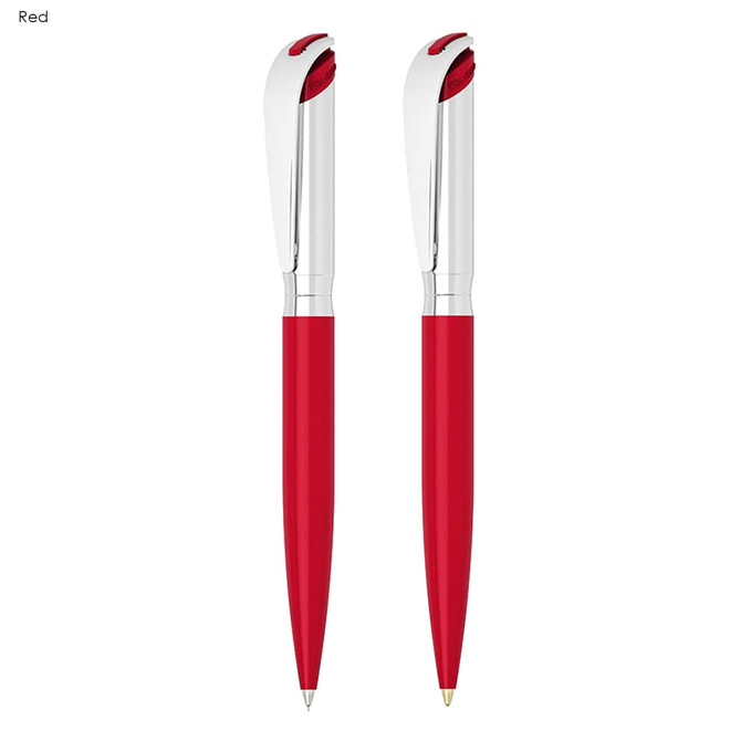 A red pen and pencil set with silver accents and a branded logo. Ideal for office or business use.