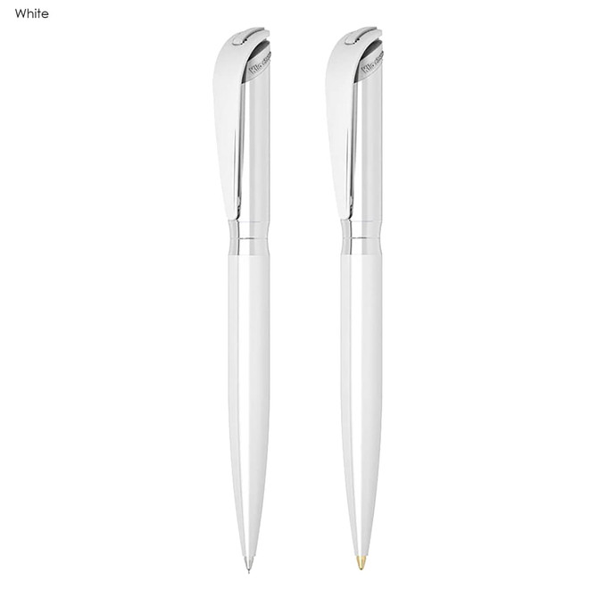 A set of two white pens with silver accents, featuring a sleek design and a branded logo.