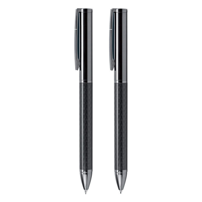 A sleek gift set featuring a carbon-finished pen and pencil, both in a polished chrome design.
