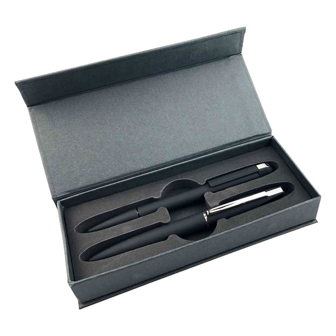 A black pen set in a grey gift box with an insert to hold the pens securely. The box has a lid.
