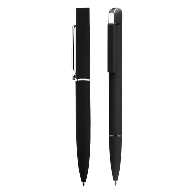 A black pen set features two sleek pens, one with a shiny clip and the other with a matte finish. Both have branding.