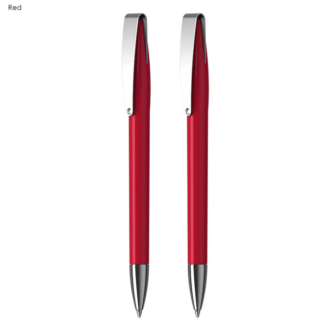 A red pen gift set featuring two sleek plastic pens with chrome clips and silver accents.