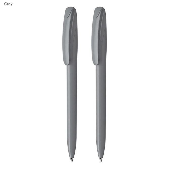 A set of two grey plastic pens with a smooth, sleek design and a branding logo on the barrel.