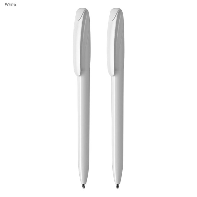 A set of two white plastic pens with a smooth design. Each pen features a logo.