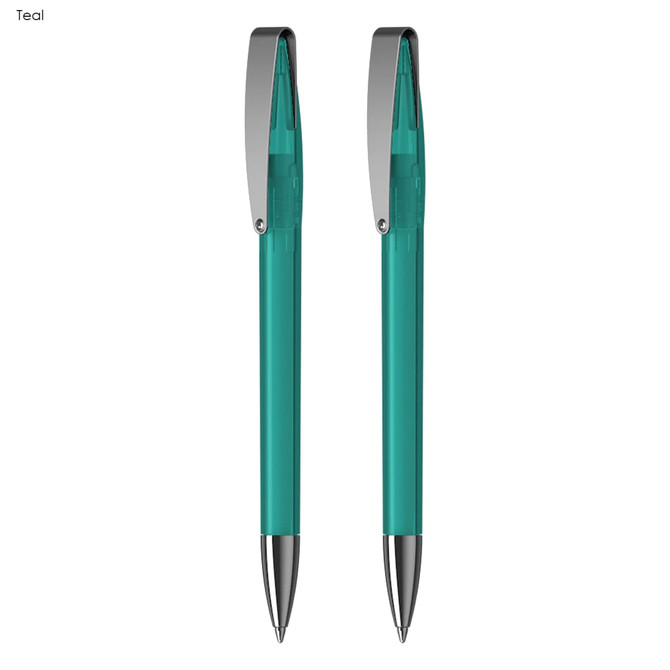 A teal pen set featuring two matching pens with silver accents and clips, presented in a gift set.