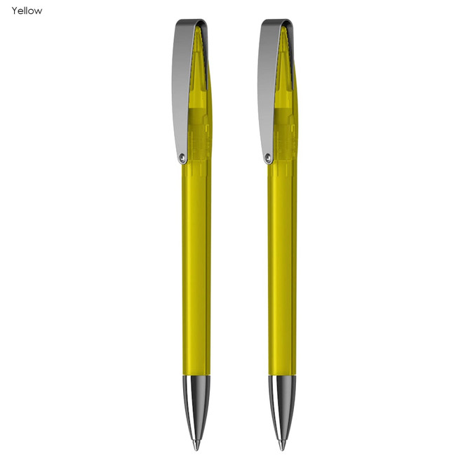 A set of two yellow pens with silver accents, featuring a sleek design and a clip.
