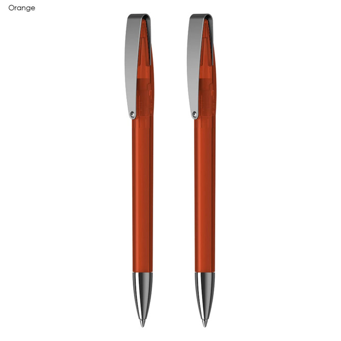 A set of two orange pens with silver accents and clips. Includes branding details.