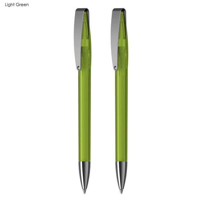 A set of two light green pens with silver clips, featuring a smooth, transparent design and pointed tips.