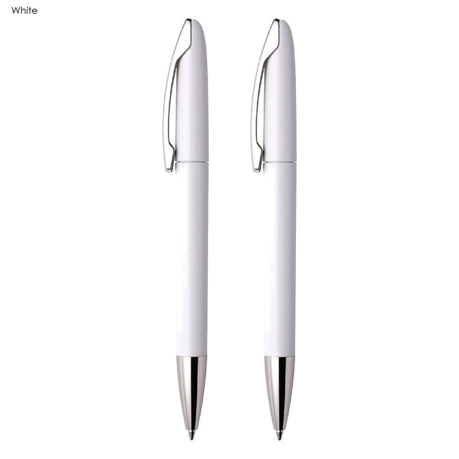 A white pen set featuring two plastic pens with silver accents and a branded logo.