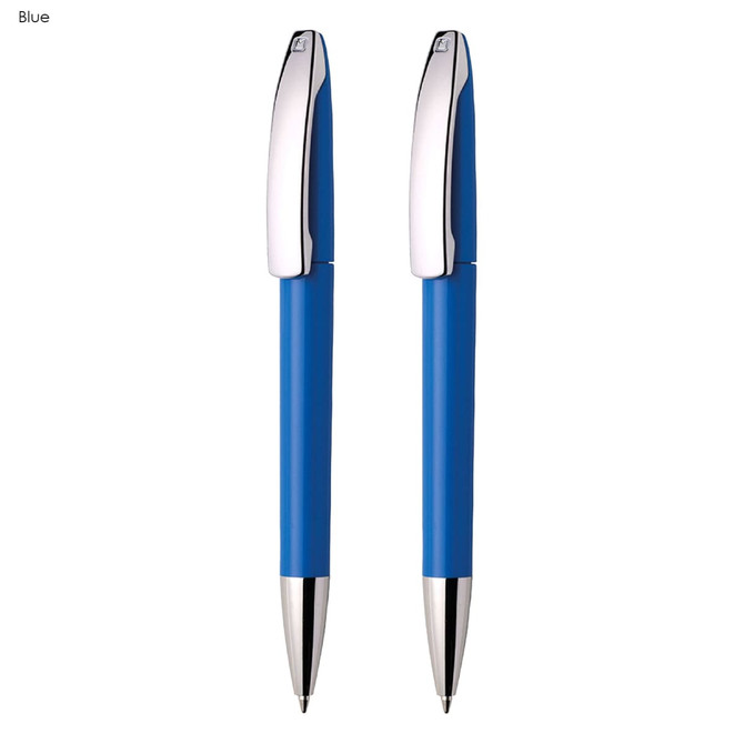 A writing set featuring two blue plastic pens with chrome accents and a branding logo.