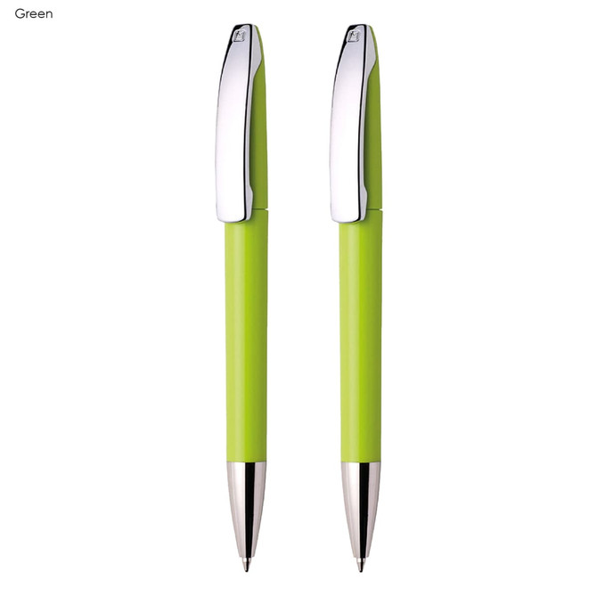 A set of two green plastic pens with chrome accents and a smooth, contoured design.