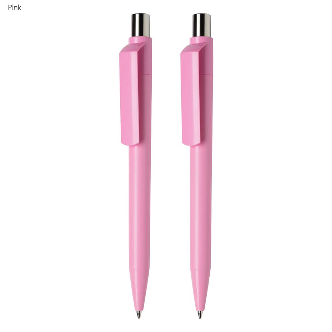 A set of two pink pens with a sleek design and silver accents, featuring a logo.