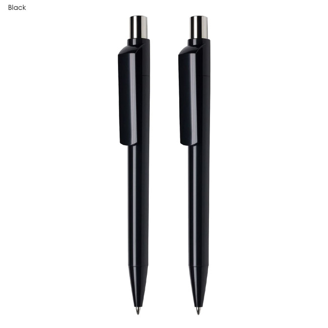 A black pen gift set featuring two sleek, matching pens with a modern design and a logo.