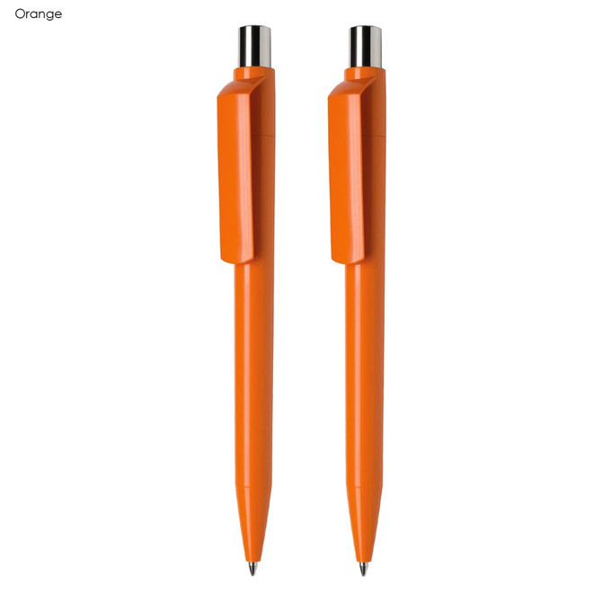An orange pen gift set featuring two pens with a sleek design and a clip. Includes branding on each pen.