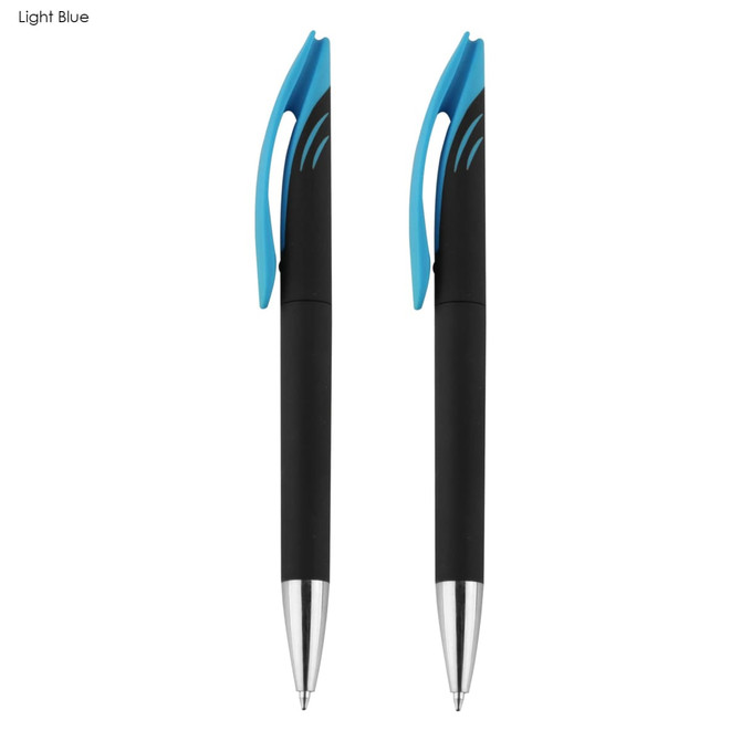 Aster Signature Pen Gift Set featuring two black pens with light blue accents and a logo.