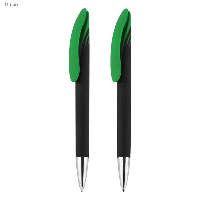 Aster Signature Pen Gift Set featuring two pens with black bodies and vibrant green grips. Includes a branding logo.