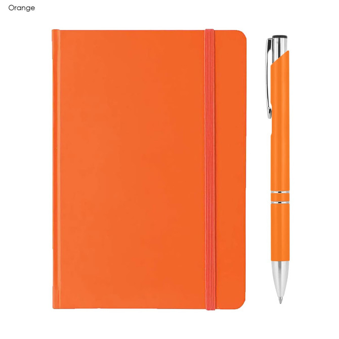 An orange A5 notebook with an elastic band and a matching pen set beside it. The notebook has a logo on the cover.