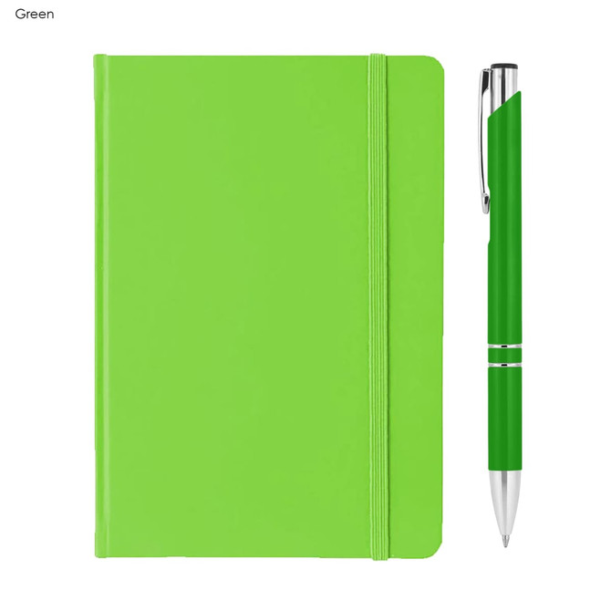 A green A5 notebook with a matching pen. The notebook features an elastic closure and a simple design.