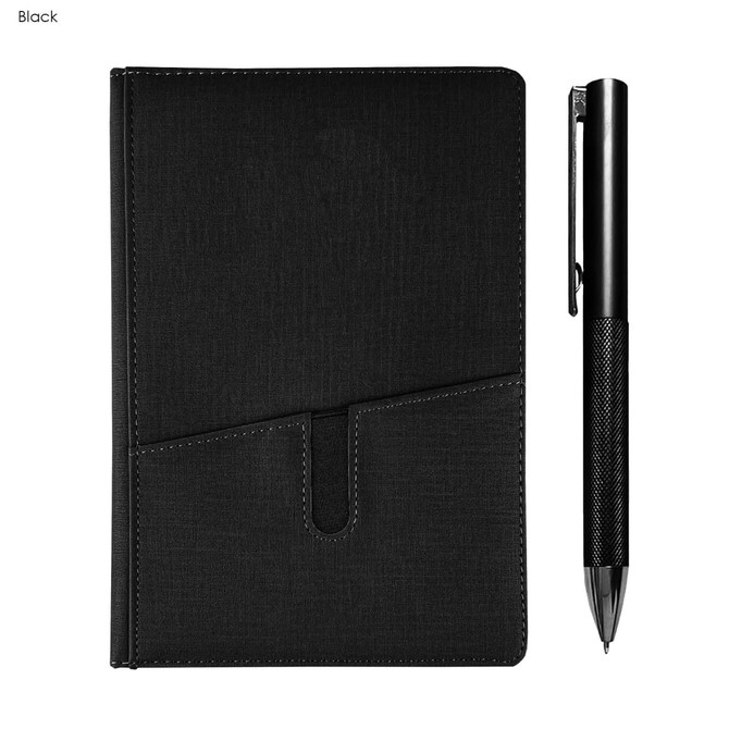 A black notebook with a textured cover and a sleek black pen, featuring a branding logo.