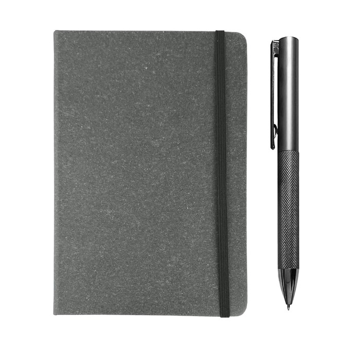 A grey notebook with an elastic band, accompanied by a sleek silver pen. Both are part of the Xander Notebook and Pen Gift Set.