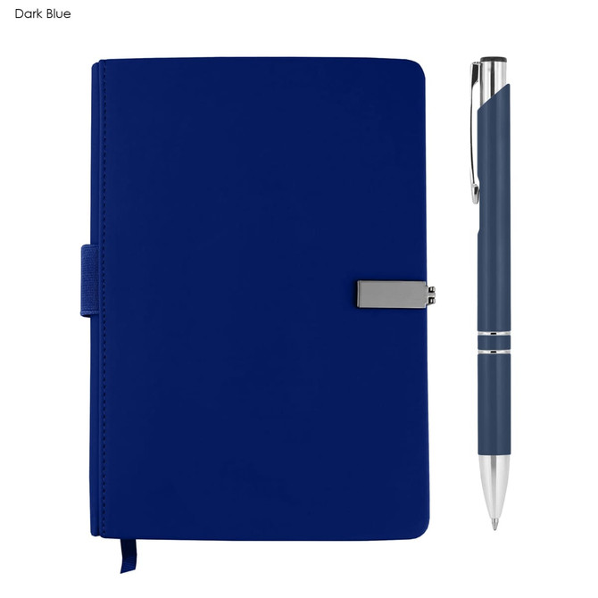 A dark blue notebook with a silver clasp and a matching pen, featuring a sleek design and branding logo.