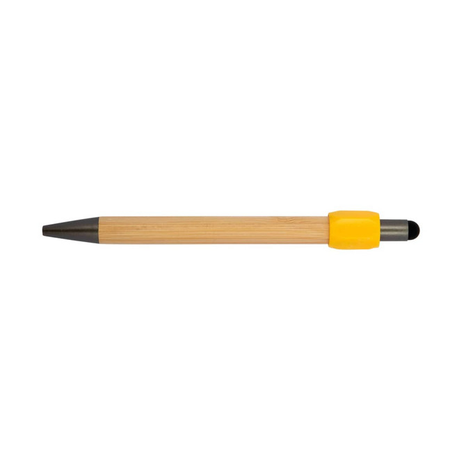 A pen with a bamboo body and a yellow rubber grip, featuring a black writing tip and a stylus end.